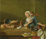 Peter Jakob Horemans, Kuchenstillleben mit weiblicher Figur und Papagei